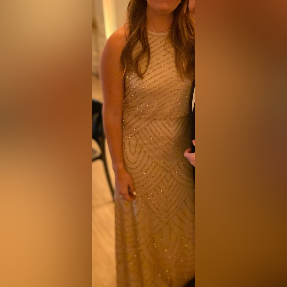 ART DECO BEADED BLOUSON DRESS WITH HALTER NECKLINE IN CHAMPAGNE GOLD